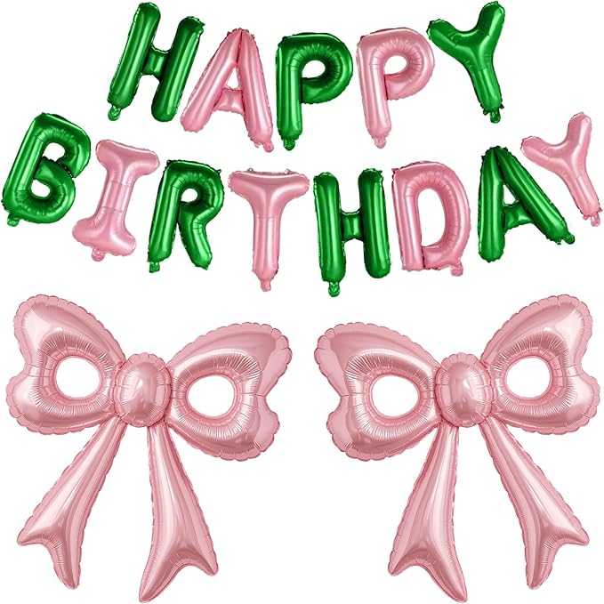 Pink and Green Happy Birthday Balloons, 31”Huge Pink Bow Aluminum