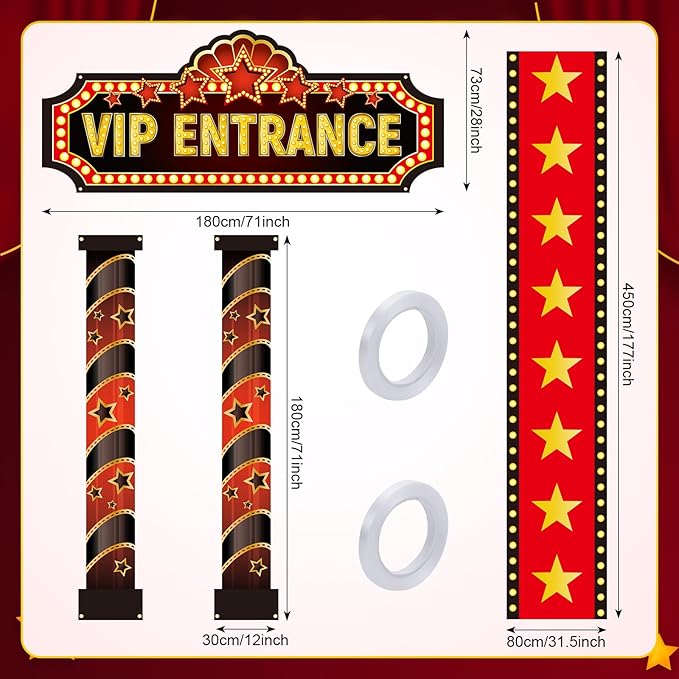Movie Night Porch Sign Banner 4 Pcs Decorations Set with Red Carpet