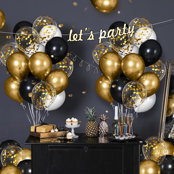 Black White and Gold balloons, 60pcs 12inch Black White Metallic Gold