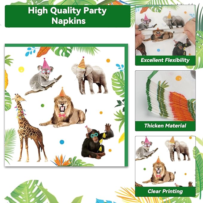 96Pcs Jungle Birthday Party Plates and Napkins Safari Animals Themed
