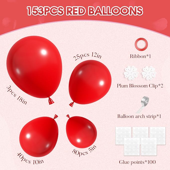 Amandir 153 Pcs Red Balloons Arch Garland Kit, Different Sizes 18 12