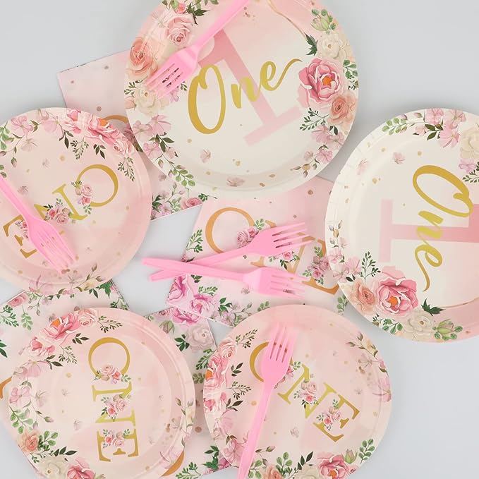 96Pcs 1st Birthday Party Supplies Girls' One Year Tableware with