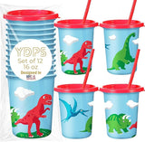 Dinosaur Cups for Kids Party with Straw and Lid Set of 12 Dino Cups