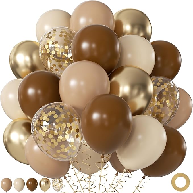 Brown and Gold Balloons, 60Pcs 12 Inch Brown Tan Nude Sand White Gold