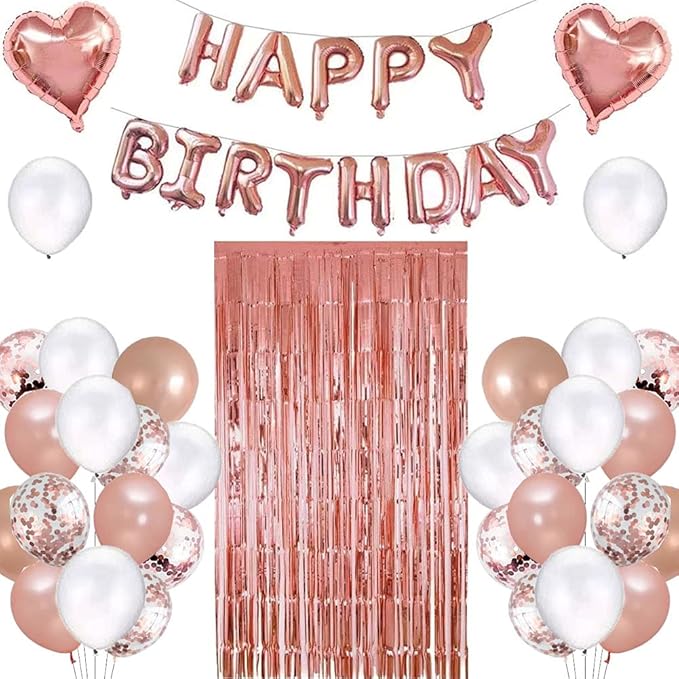 Rose Gold Birthday Party Decorations Set with Rose Gold Happy
