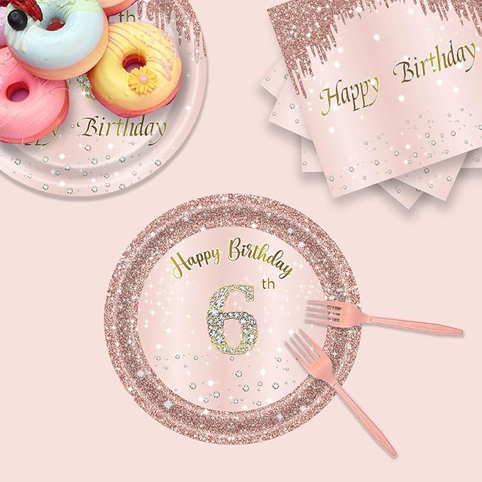24 Sets 6th Rose Gold Birthday Party Decrations for Girls 6 Birthday