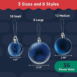 PREXTEX 36 Piece Blue Christmas Ornaments Set with Hanging Loops -