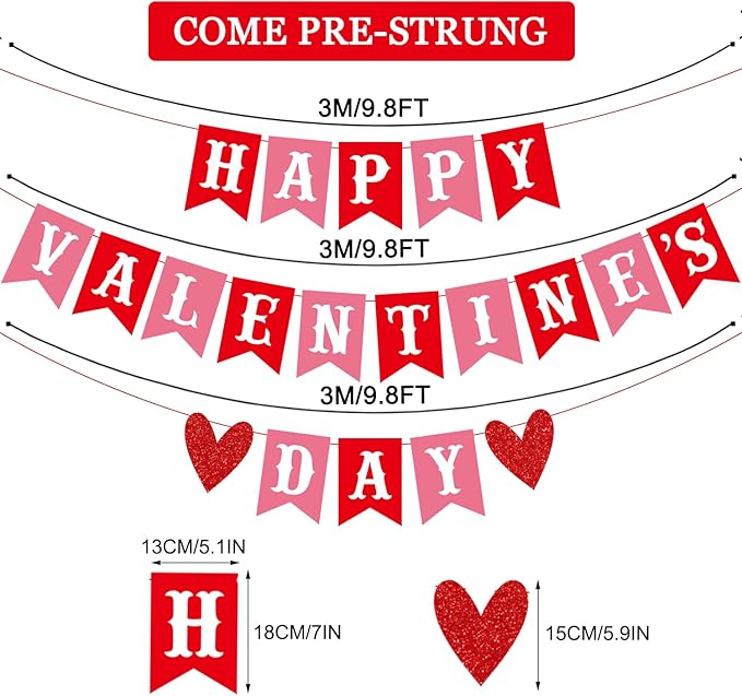 Happy Valentine's Day Banner Red Pink Valentine's Day Bunting Banner