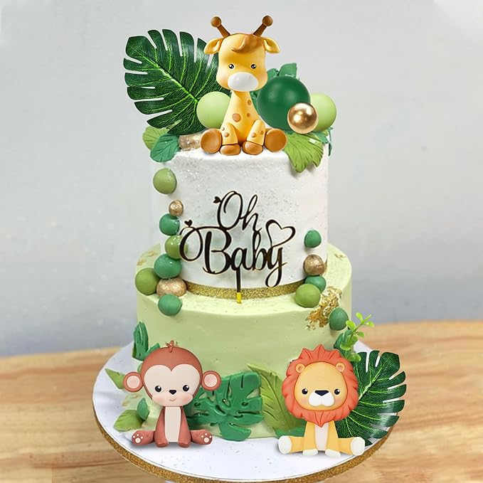 Jungle Safari Animal Cake Topper with Colourful Balls Plam Leaves