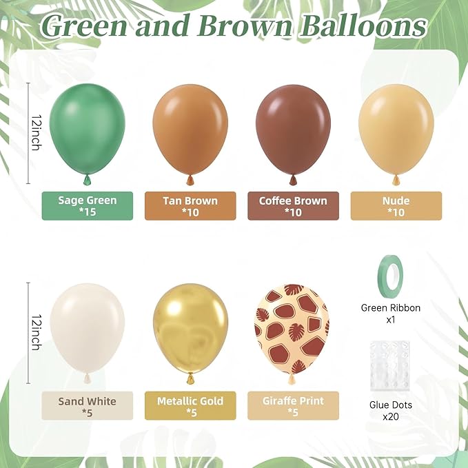 60pcs Safari Balloons, Sage Green Coffee Brown Light Brown Nude Sand