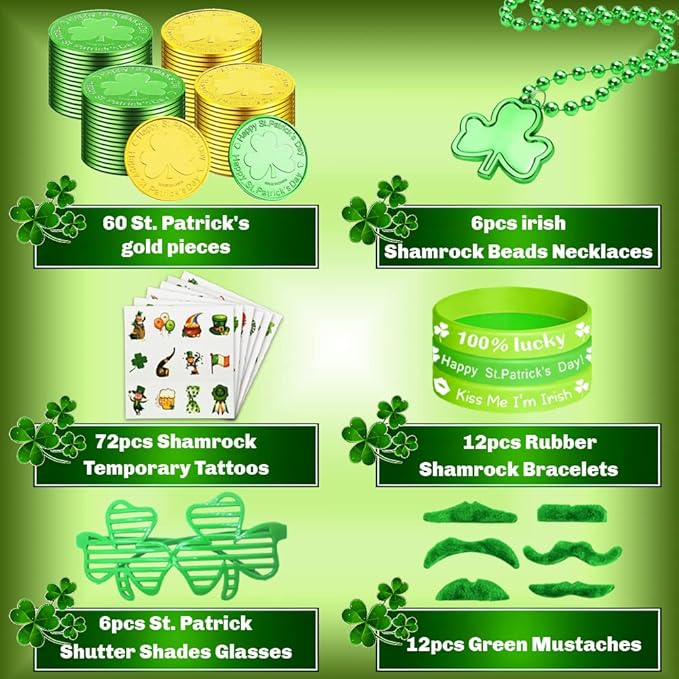 168Pcs St Patrick's Day Party Favor Set Include Green Beads Shamrock