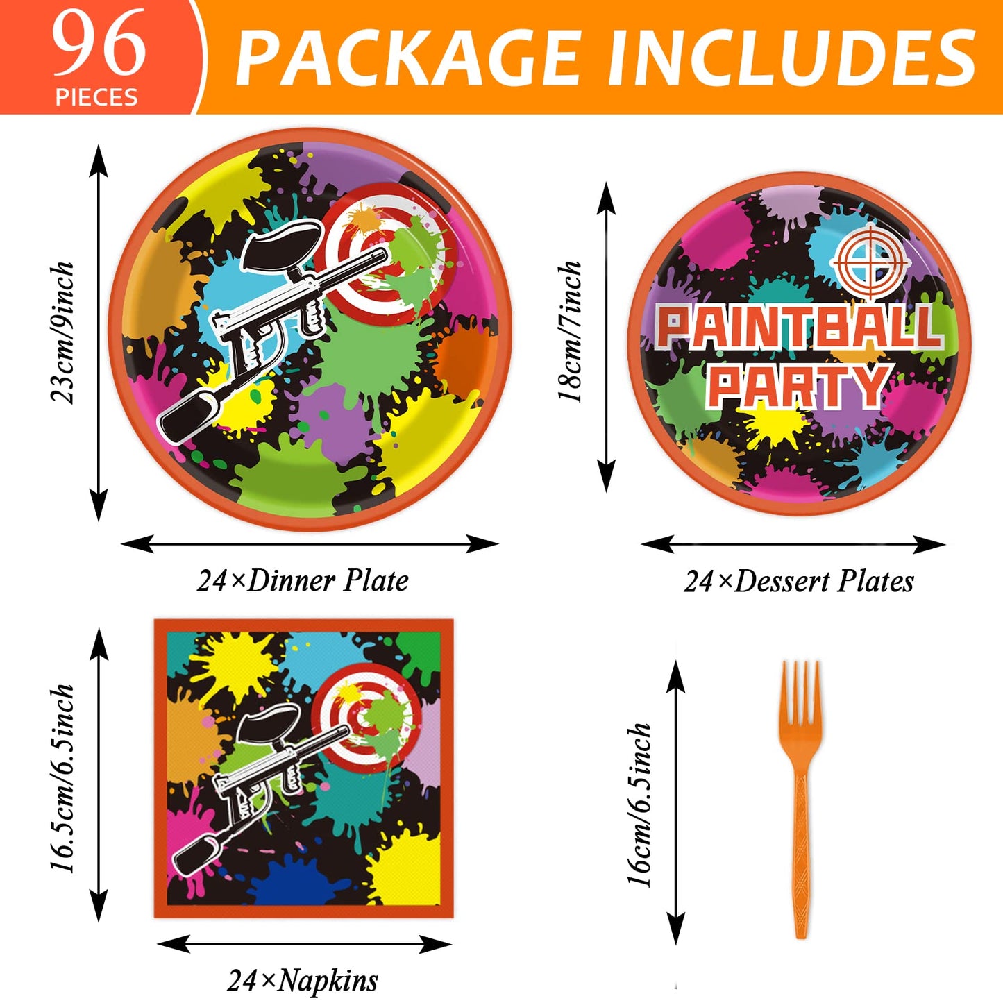 96 Pcs Paintball Birthday Party Supplies Neon Glow Tableware set Paper