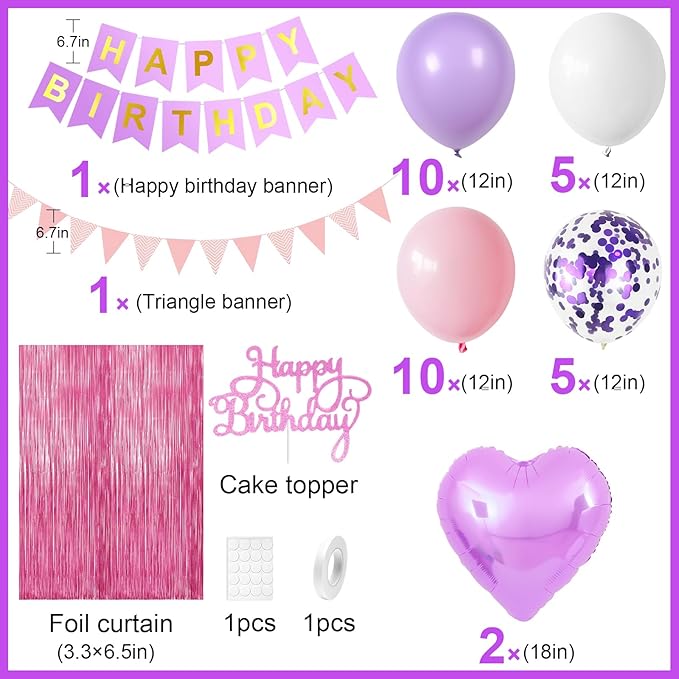 Pink Purple Birthday Decorations for Girls,Happy Birthday Party