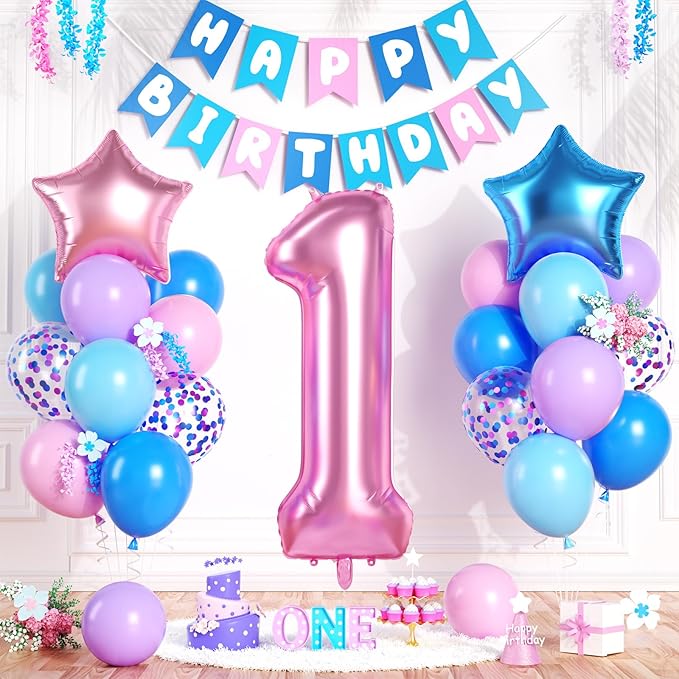 1st Birthday Decorations, 40 Inch Pink Number 1 Balloon, 18 Inch Foil