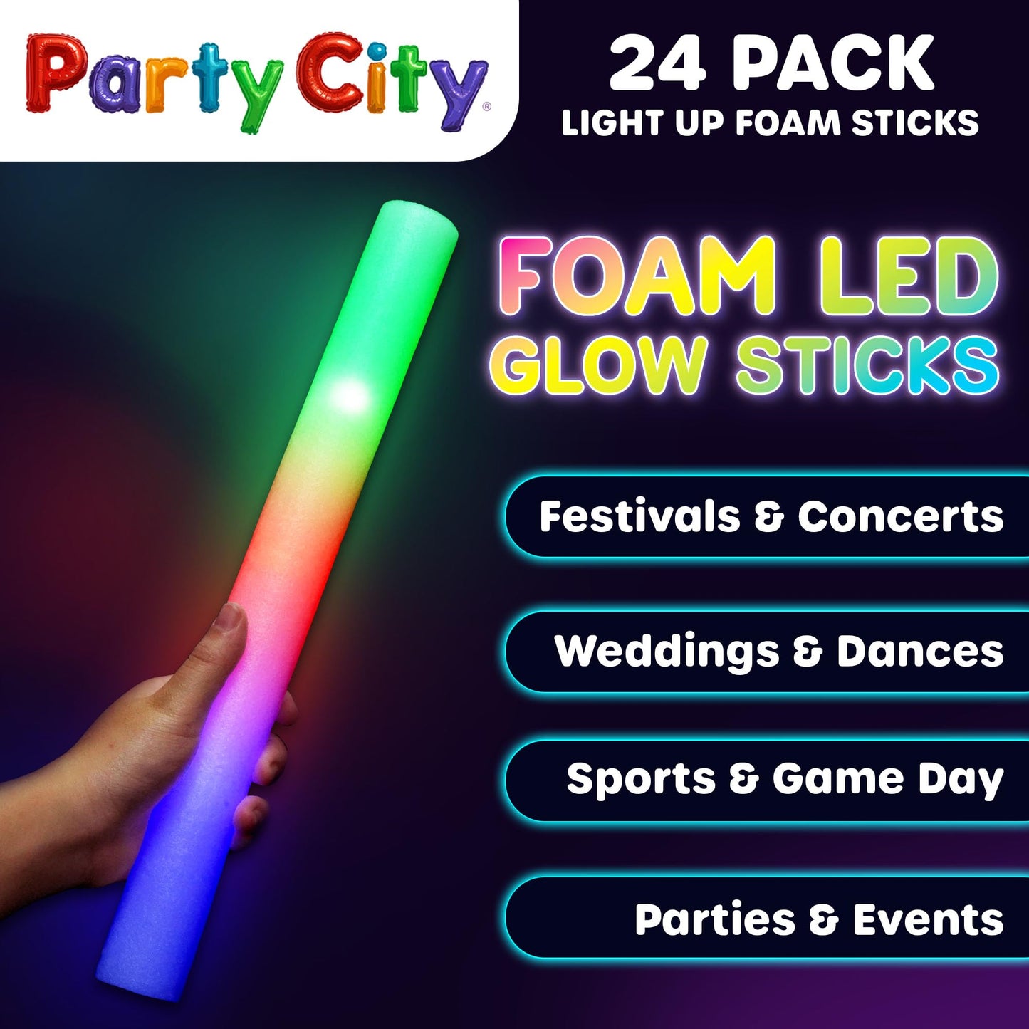 Party City 24pk LED Foam Glow Sticks 14”- Glow in the Dark Party