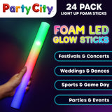 Party City 24pk LED Foam Glow Sticks 14”- Glow in the Dark Party