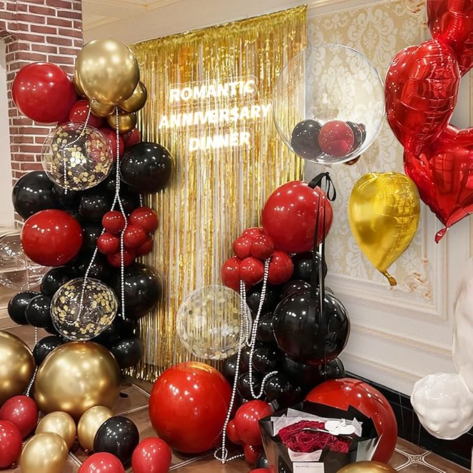 157Pcs Red Black Gold Balloons Garland Arch Kit with Glitter Fringe