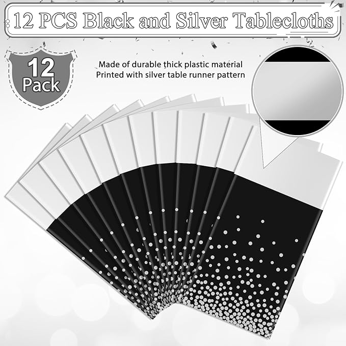 12Pcs Black Silver Tablecloth Party Decorations,Plastic Black Table