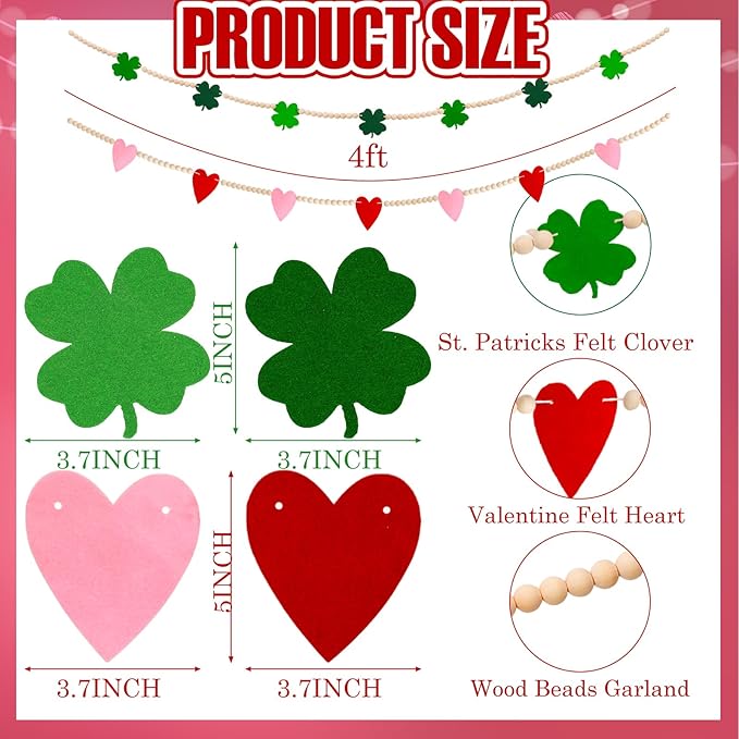 2 Pcs Valentine's Day St Patrick's Day Wood Bead Garland Valentine's