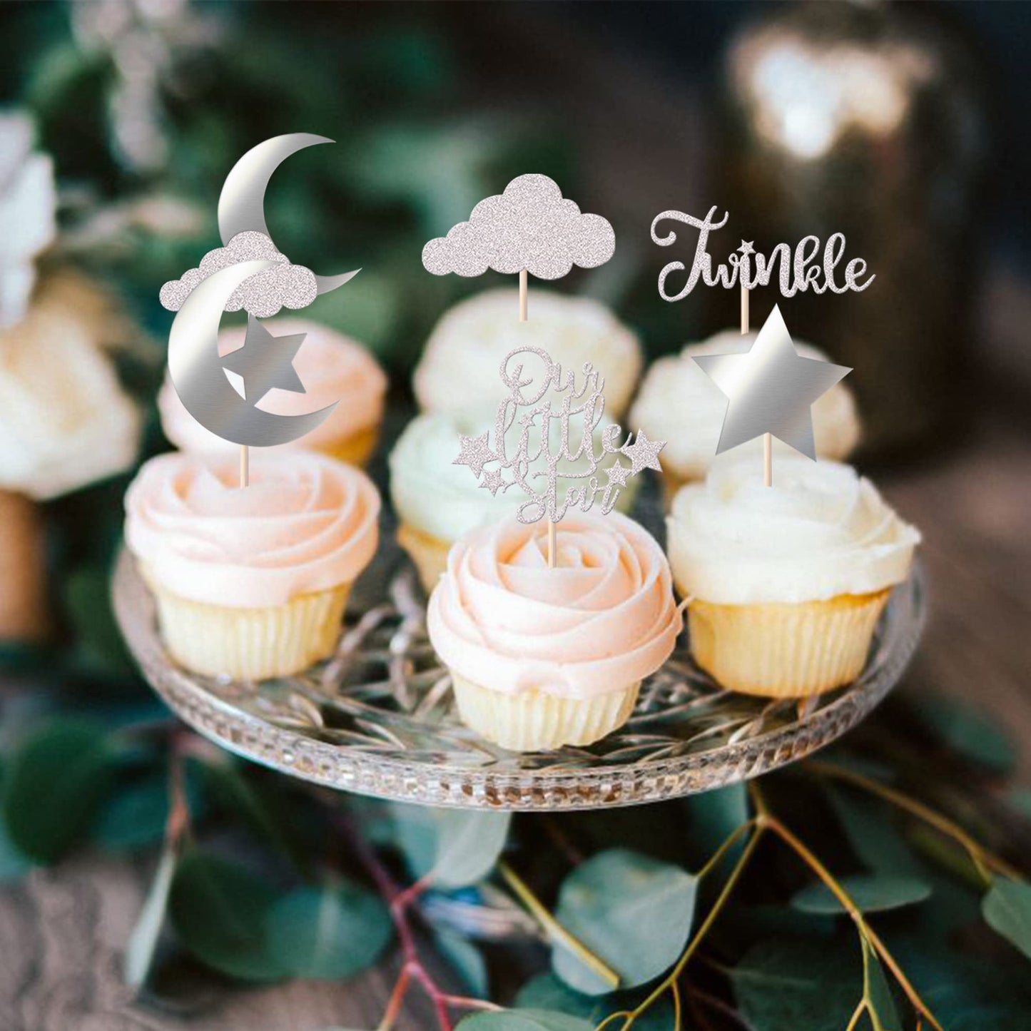 24 Pack Little Star Cupcake Toppers Glitter Moon Cloud Cupcake Picks