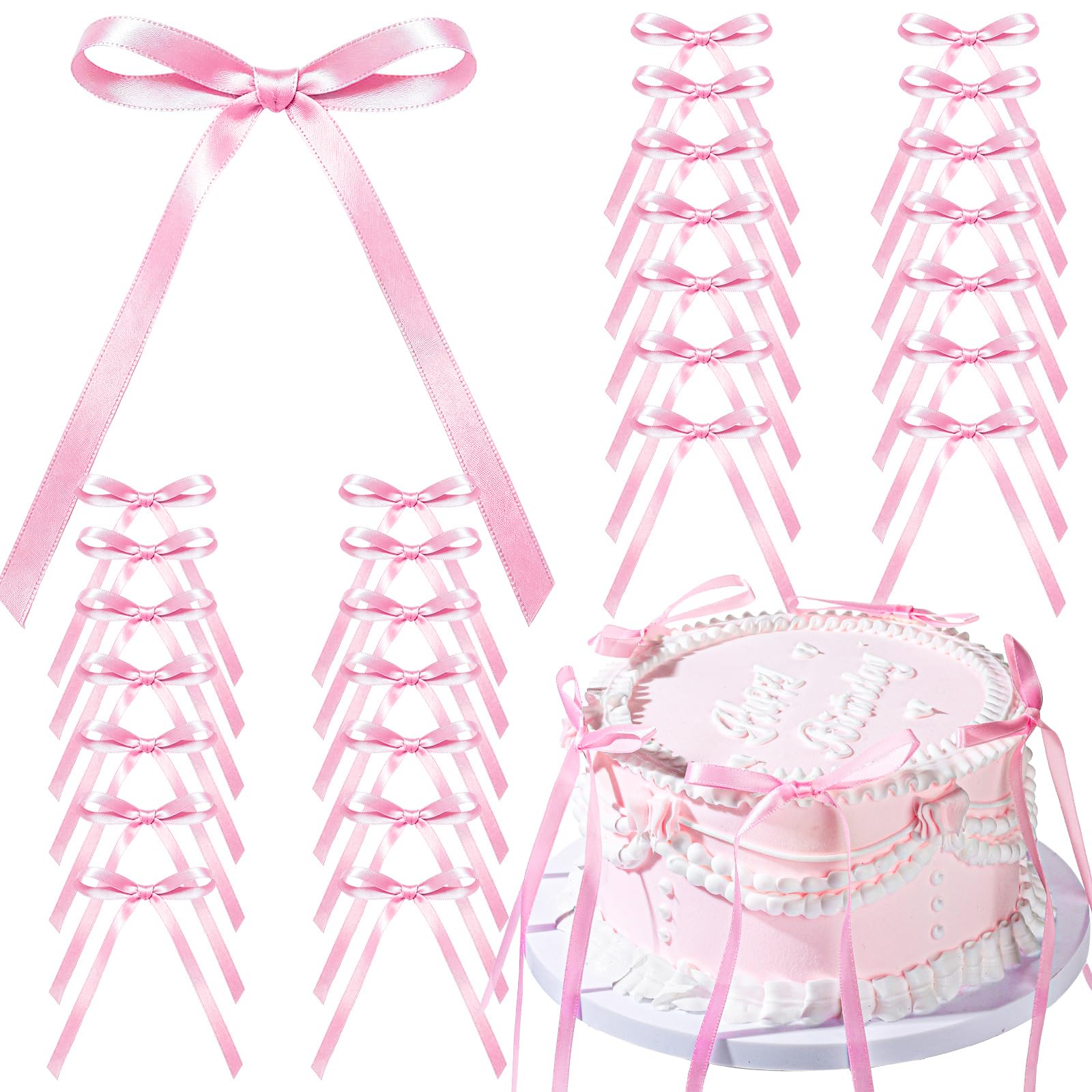 YGDZ Pink Bows for Cake, 30PCS Pink Bow Cake Topper, Ribbon Bowknot