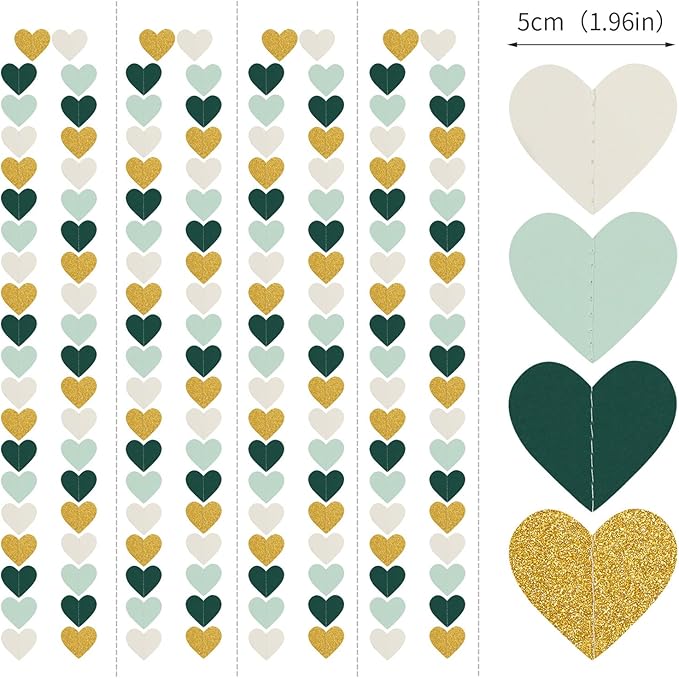 Sage-Green Mint Beige-Gold Love-Heart Garland - 52Ft Rustic Wedding