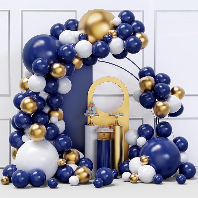 Blue and Gold Balloons Arch Garland Kit, 134pcs Navy Blue Gold White