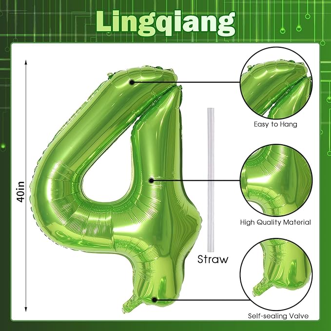 Green 4 Balloons, 40 Inch Large Foil Number Balloons Set 0-9, Self