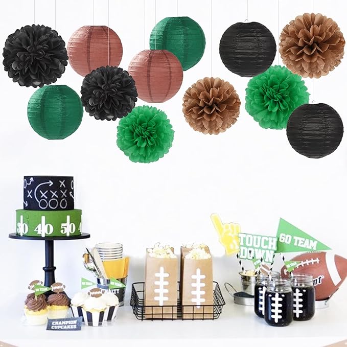 Football Party Decorations Paper Flowers 15pcs Green Brown Black