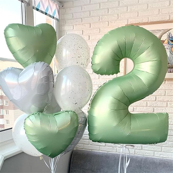 40" Balloon Number 2 Sage Green, Large Foil Number Balloons Set 0-9,
