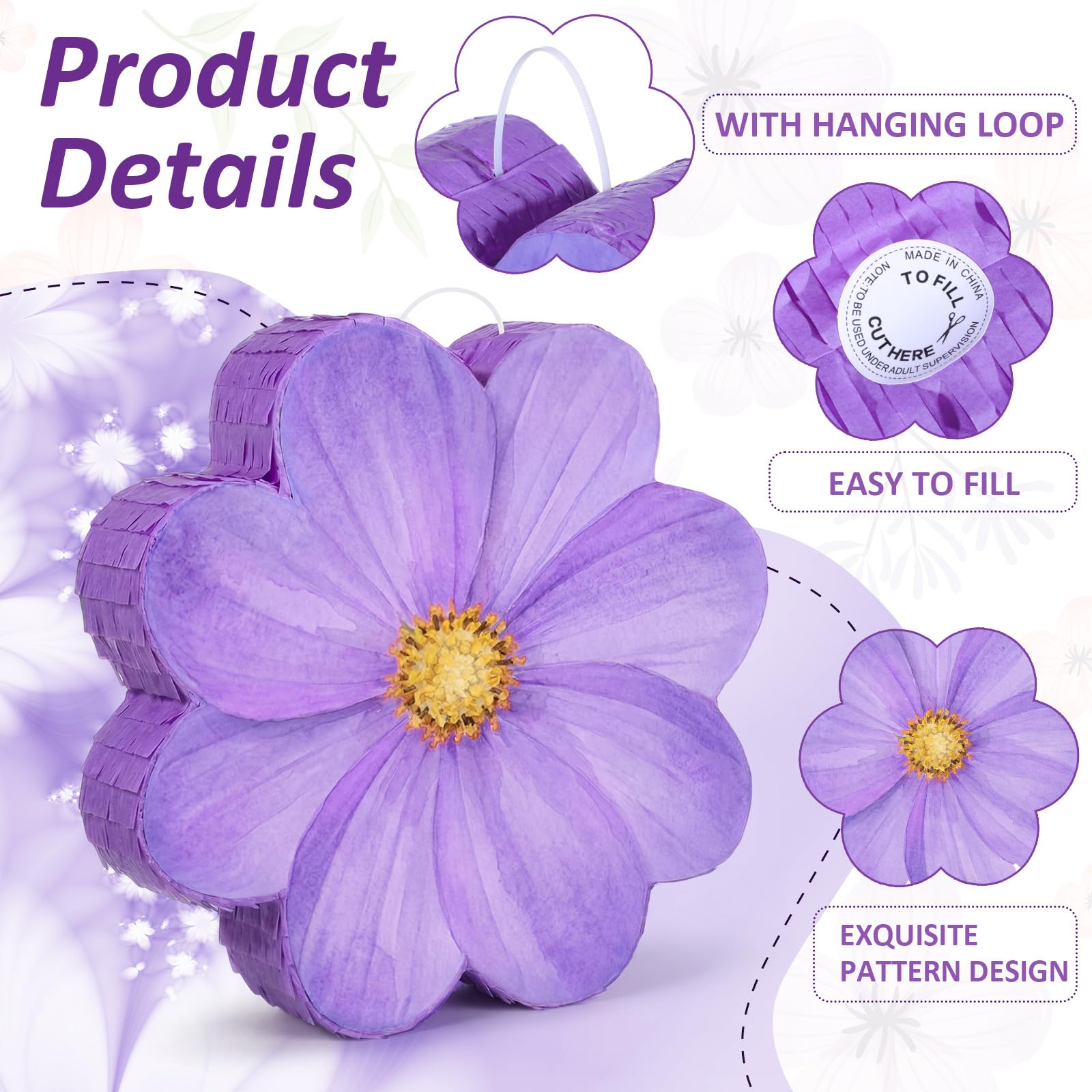Aoriher Daisy Flower Piñata Set with Blindfold and Bat Purple Flower