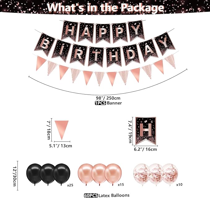 225 PCS Black and Rose Gold Party Decoration Rose Gold & Black Party