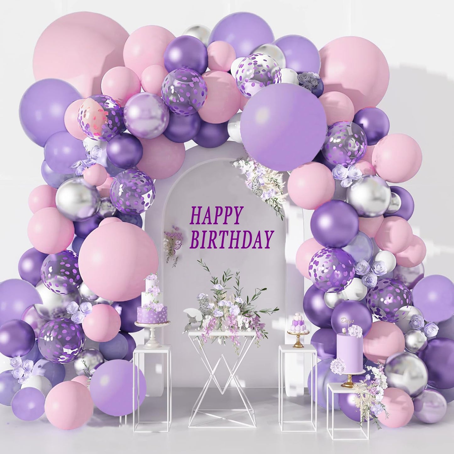 Purple Balloons Garland Arch Kit,131pcs Pink Purple Confetti Balloons