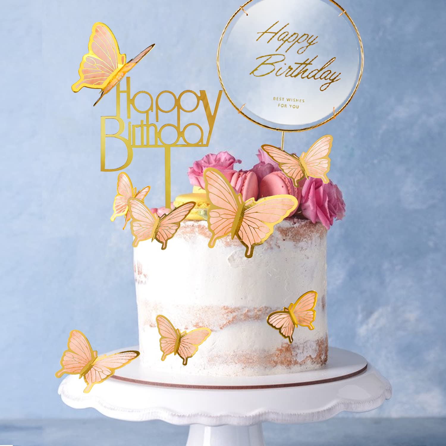LANGPA 22-Pieces Butterfly Cake Decorations With Happy Birthday Orange