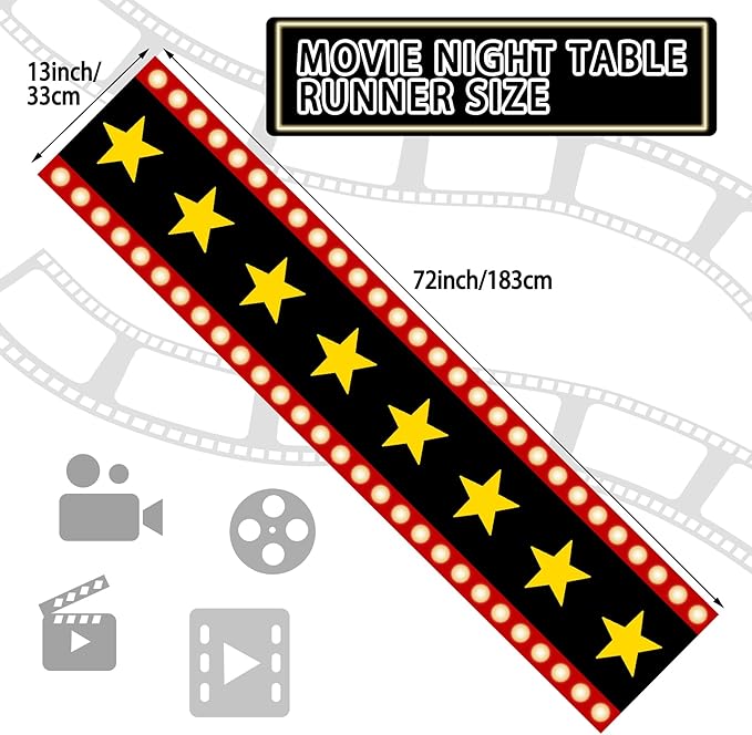 13 x 72 Inch Movie Night Table Runner with Gold Star Design Movie