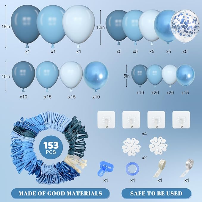Amandir 153pcs Blue Balloon Garland Arch Kit, Different Sizes 18 12