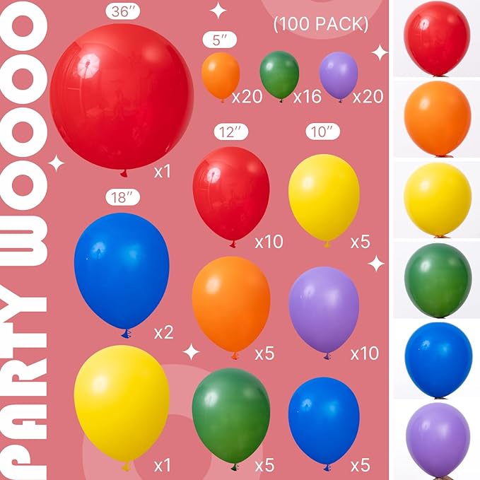 PartyWoo Rainbow Balloon Arch Kit Garland 100 pcs Different Sizes of