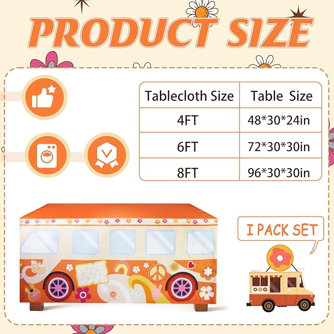 4Ft Groovy Bus Tablecloth,Hippie Birthday Party Decorations for 60s