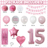 15th Birthday Decorations for Girls Pink Number 15 Balloon Bow