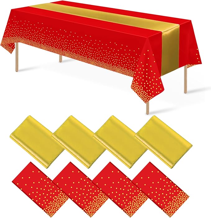 8Pack Disposable Plastic Party Tablecloths and Satin Table Runner Set