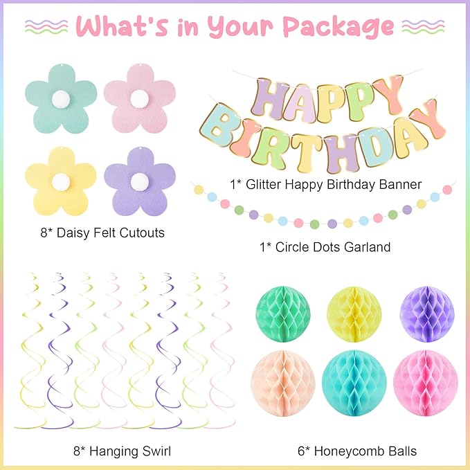 Amandir Pastel Birthday Decorations for Girls Women, Happy Birthday