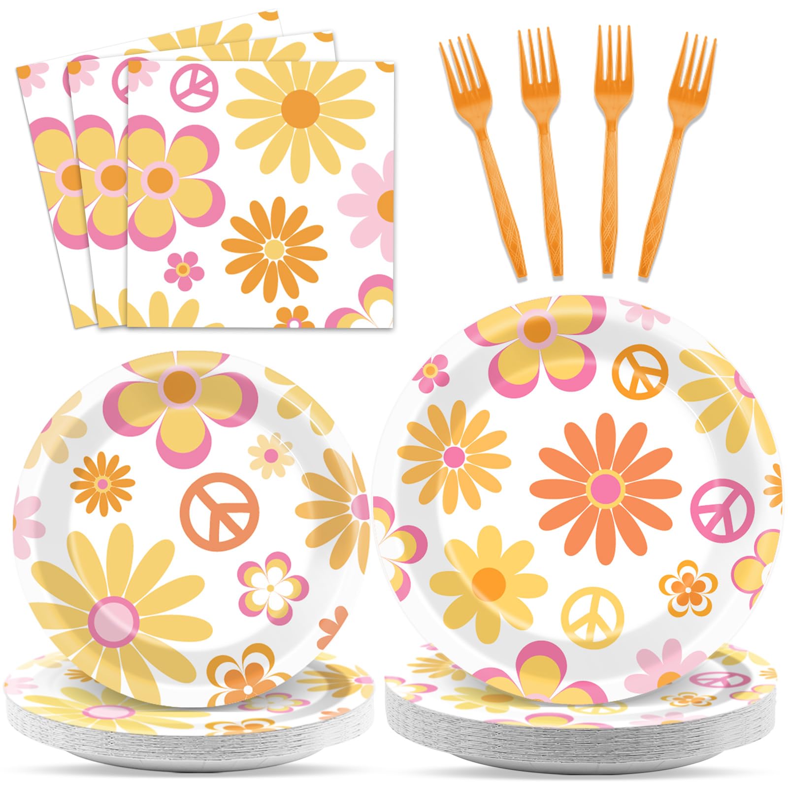 ZOIIWA 200 PCS Groovy Birthday Tableware Disposable Hippie Daisy