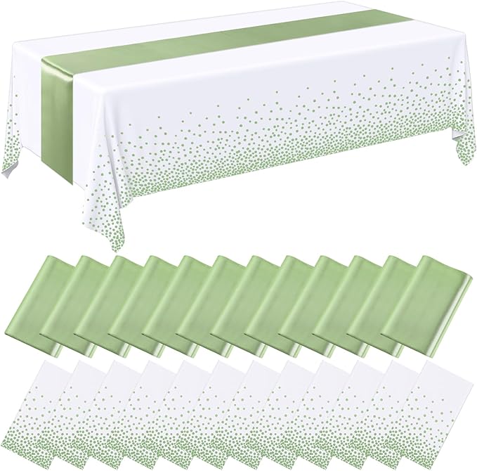 Breling 24 Pack White and Sage Green Disposable Plastic Tablecloths