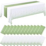 Breling 24 Pack White and Sage Green Disposable Plastic Tablecloths