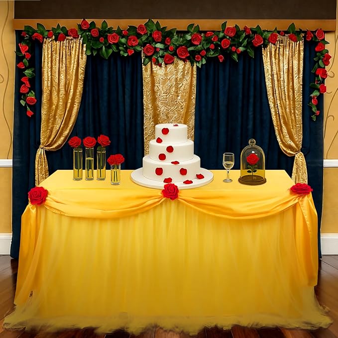 Rose Beauty Princess Party Tablecloth Golden Yellow Tulle Table