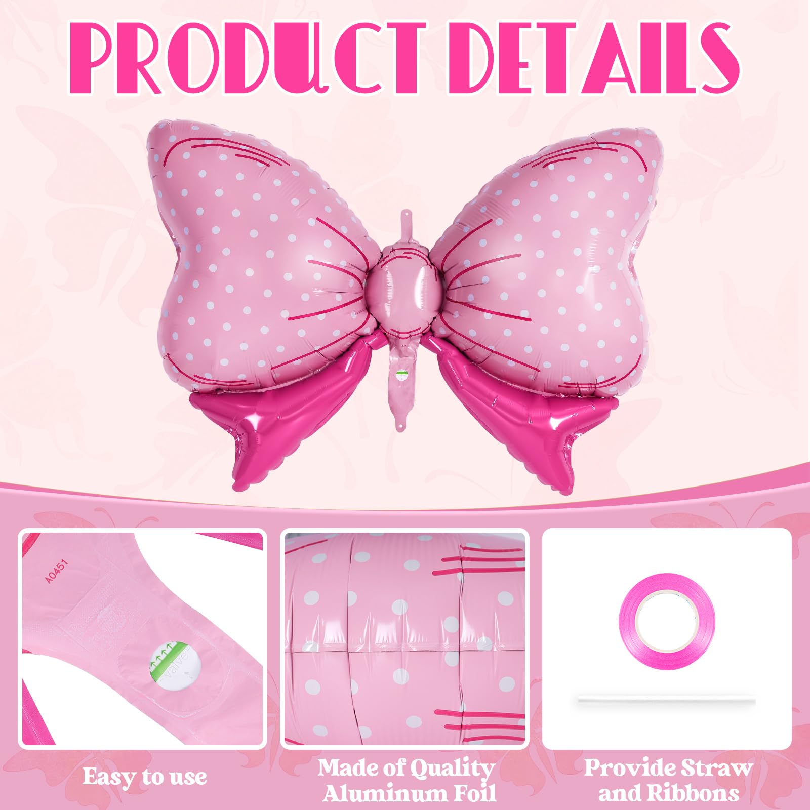 6 Pcs Pink Bow Balloons for Girls, 35 Inch Bow Foil Balloons,Bows