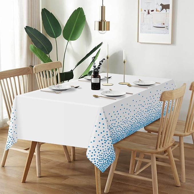 QIKSION 6 Pack White and Blue Dot Plastic Tablecloth, Waterproof