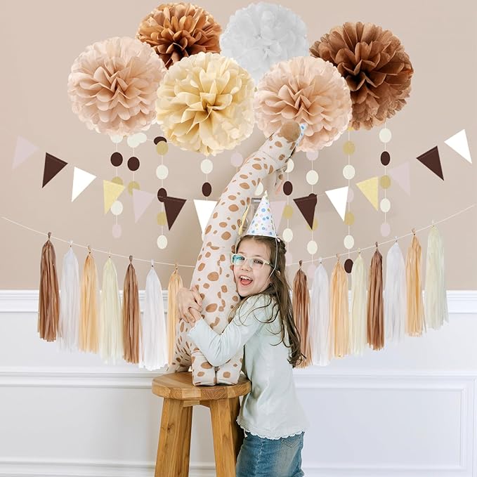 Boho Baby Shower White Brown Champagne Party Decorations 28pcs