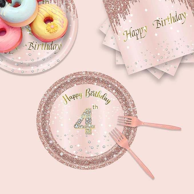 24 Sets 4th Rose Gold Birthday Party Decrations for Girls 4 Birthday