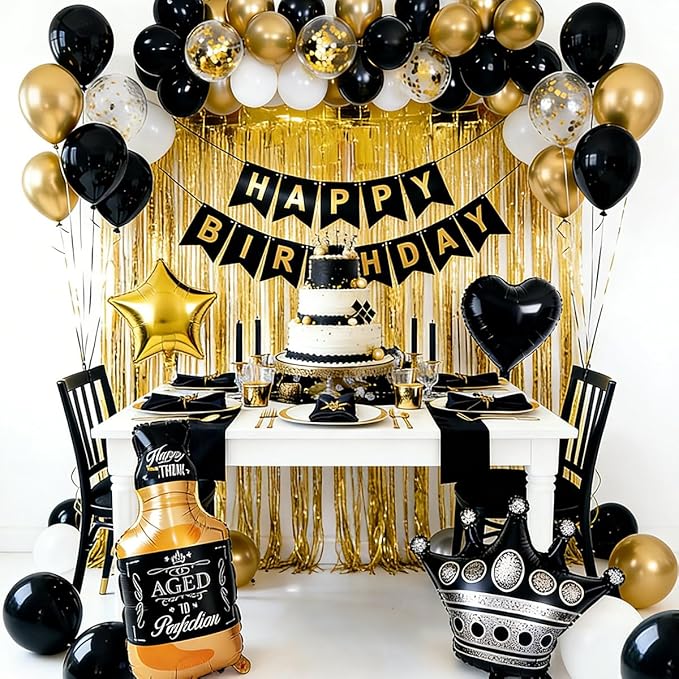 Black and Gold Party Decorations for Men with Happy Bithday Banner,